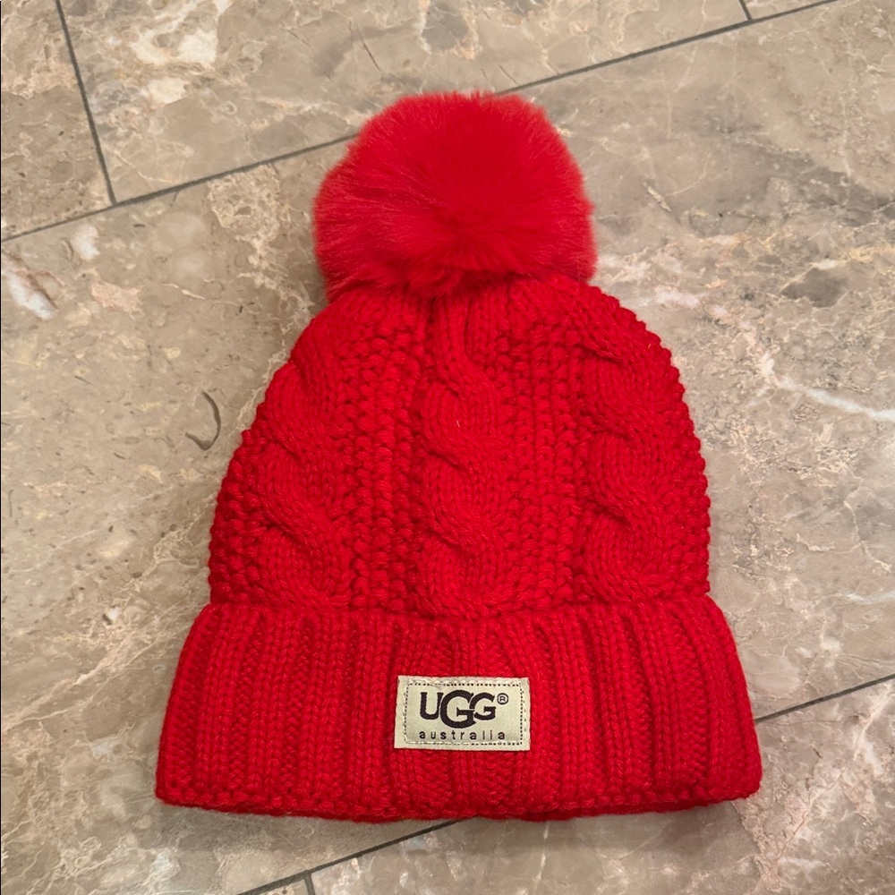 UGG Red Cable Knit Pom Beanie